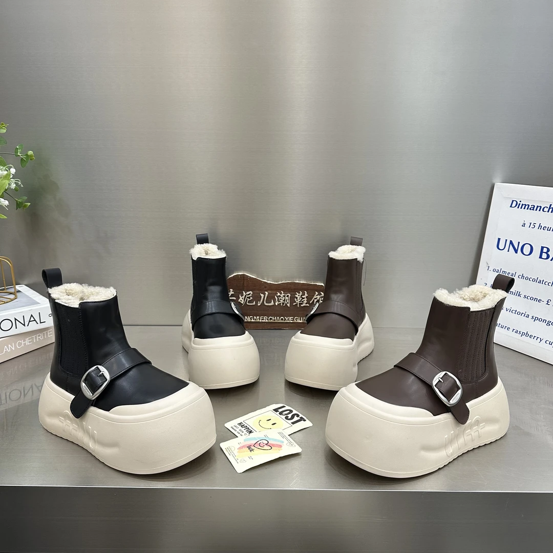 MANGNIER/冬季新款加绒厚底娃娃大头松糕短靴皮带扣一脚蹬烟筒靴