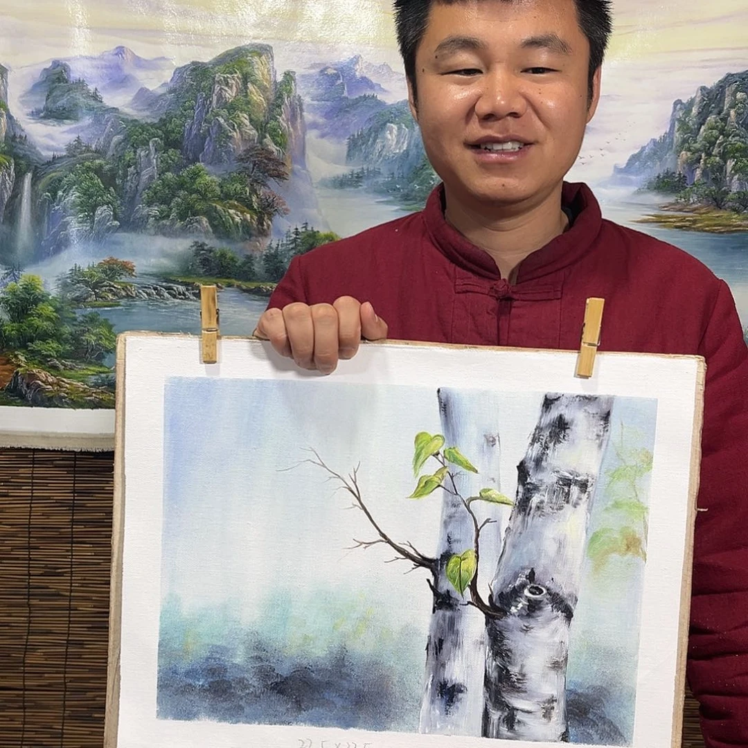 油画天**淡行路人小院绘画作品