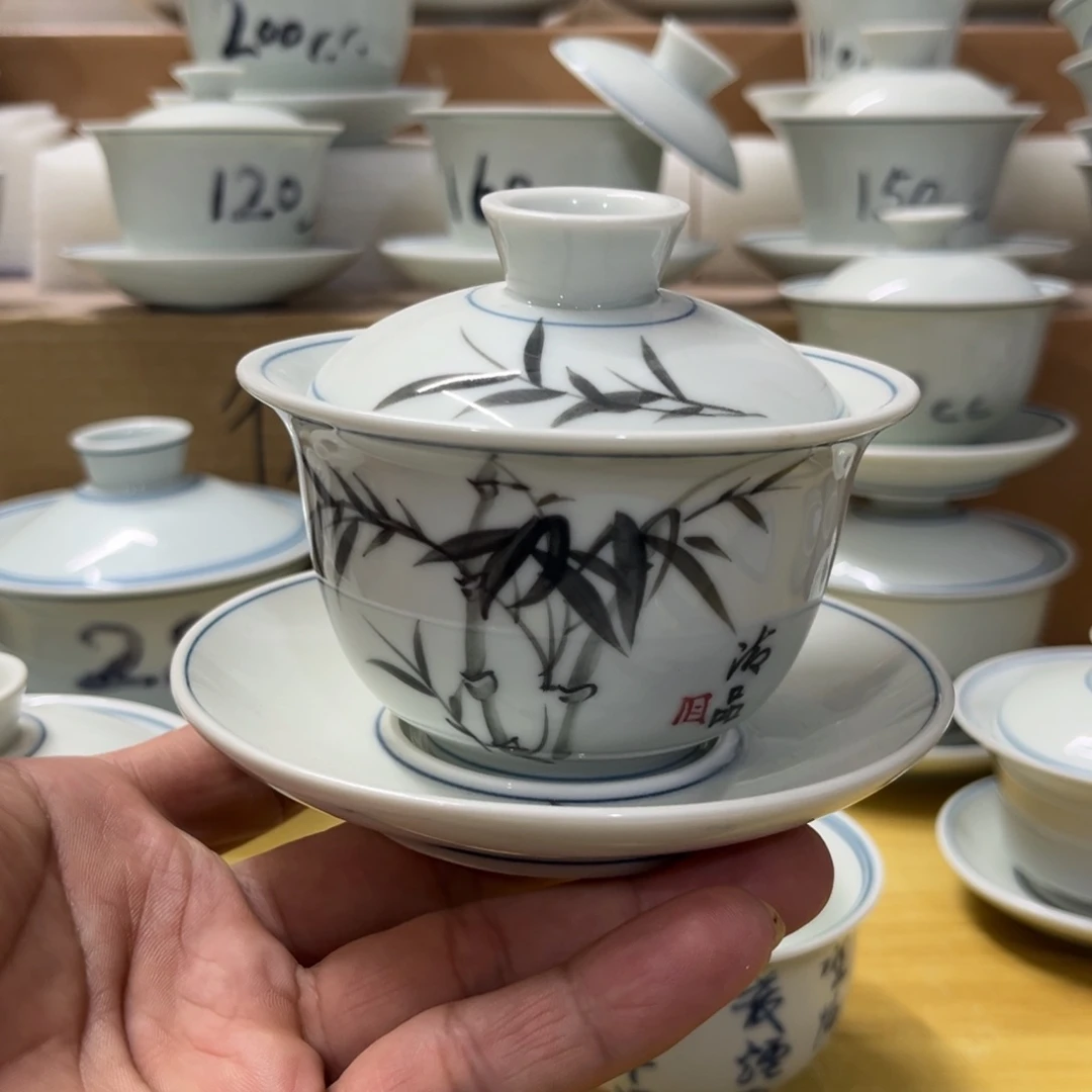 手绘墨竹三才盖碗160(微瑕)