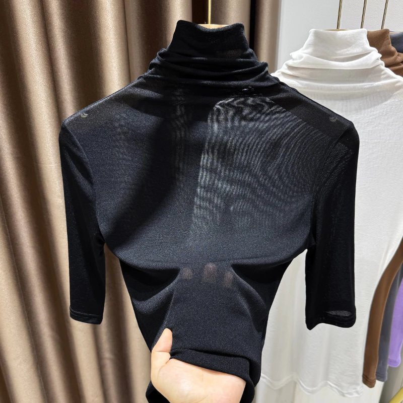 高领网纱黑色打底衫女款爆款2025新款修身内搭五分袖t恤薄纱上衣