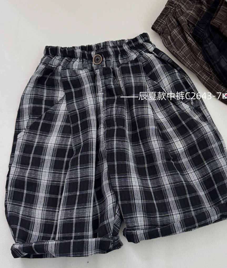 CCJ夏季儿童爆款休闲格子棉麻中裤