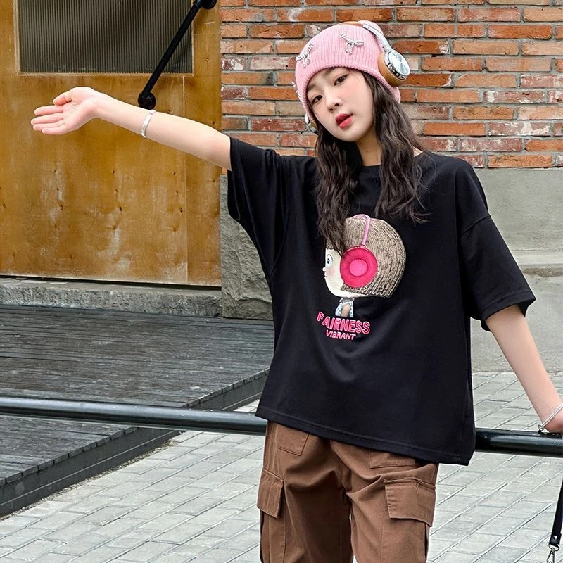 25222女童T恤夏季儿童女孩黑色宽松短袖中大童洋气时髦上衣