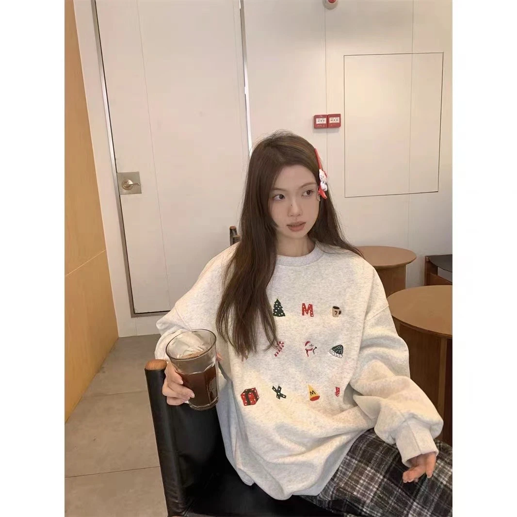 圆领圣诞款加绒卫衣女刺绣宽松上衣时尚秋冬
