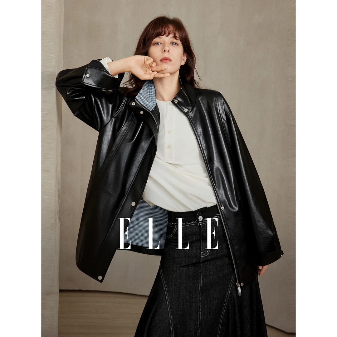 【粉丝专属】ELLE宽松皮衣外套25秋季新款通勤休闲长款上衣EF52289