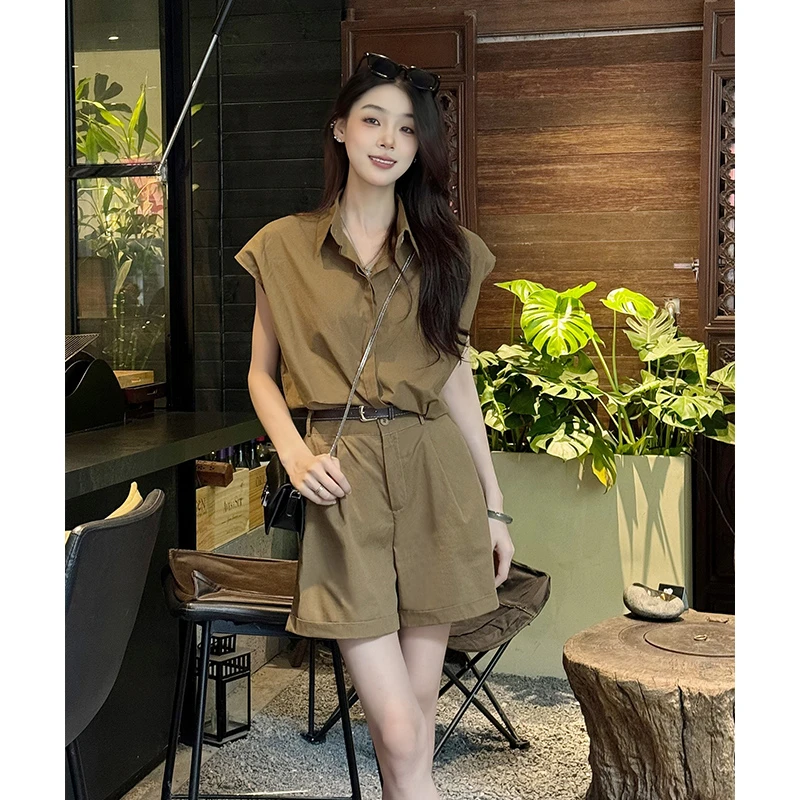 松弛感老钱风三件套装女夏季薄2025新款坎肩衬衫上衣+裤子+腰带