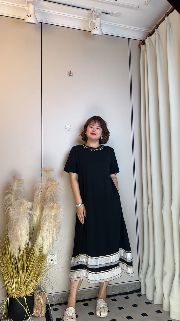 【五爱专属】拼接短袖中长裙夏季大码连衣裙斜肩常规春日慢人风