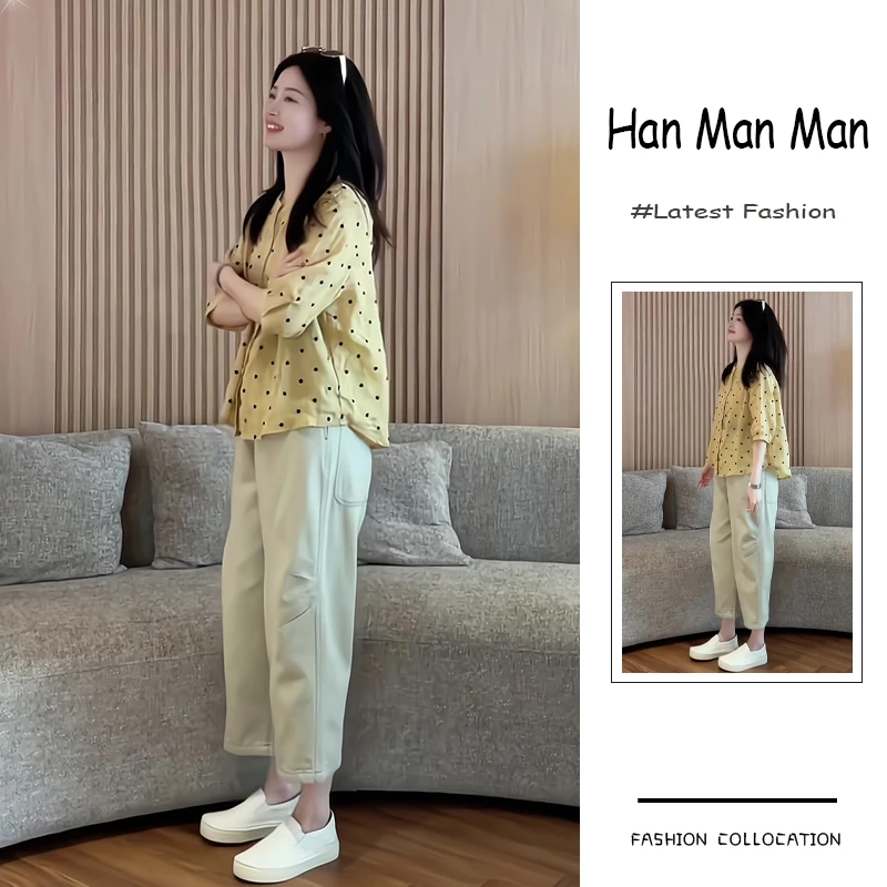 夏季流行穿搭一整套新款2025年韩版气质百搭波点衬衫阔腿裤两件套