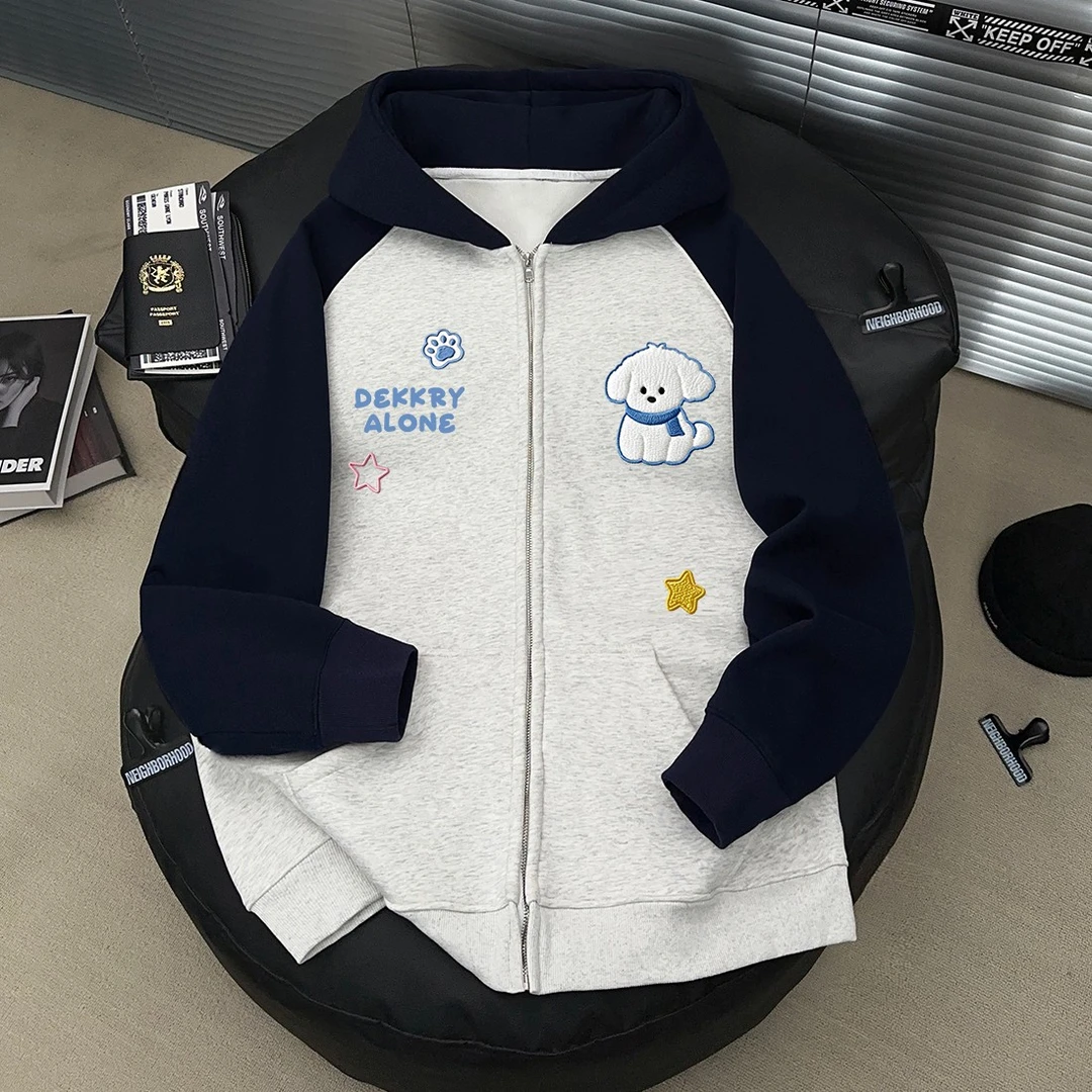 潮流星星小狗印花拼接拉链开衫外套男女秋冬季休闲情侣连帽卫衣