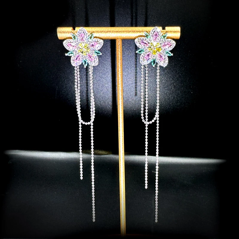 铜合金耳饰 高级感气质彩色花朵流苏耳环女ins长款小众设计感耳坠