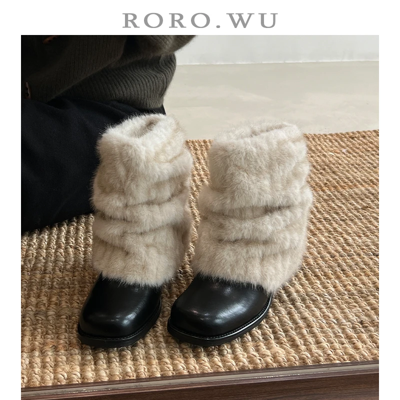 娆娆吴·韩系加绒保暖方头高跟袜套堆堆短靴冬季新款时装靴女P01