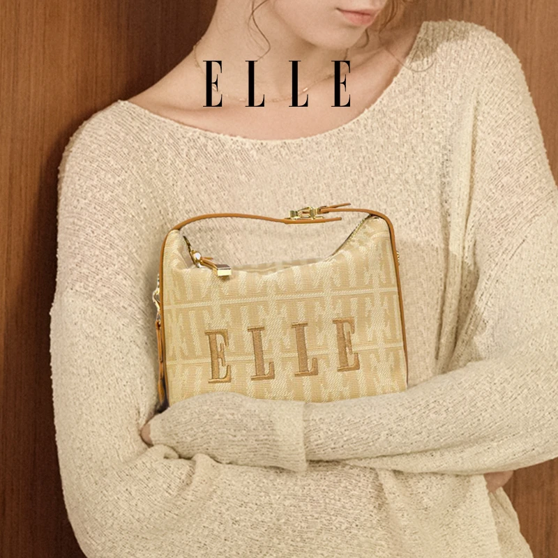 ELLE25夏季新款时尚复古设计师老花手拎饭盒斜挎休闲通勤女士包包