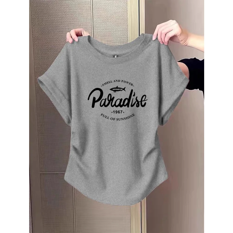 小飞袖褶皱正肩短袖t恤女夏季2025新款设计感收腰显瘦圆领上衣潮