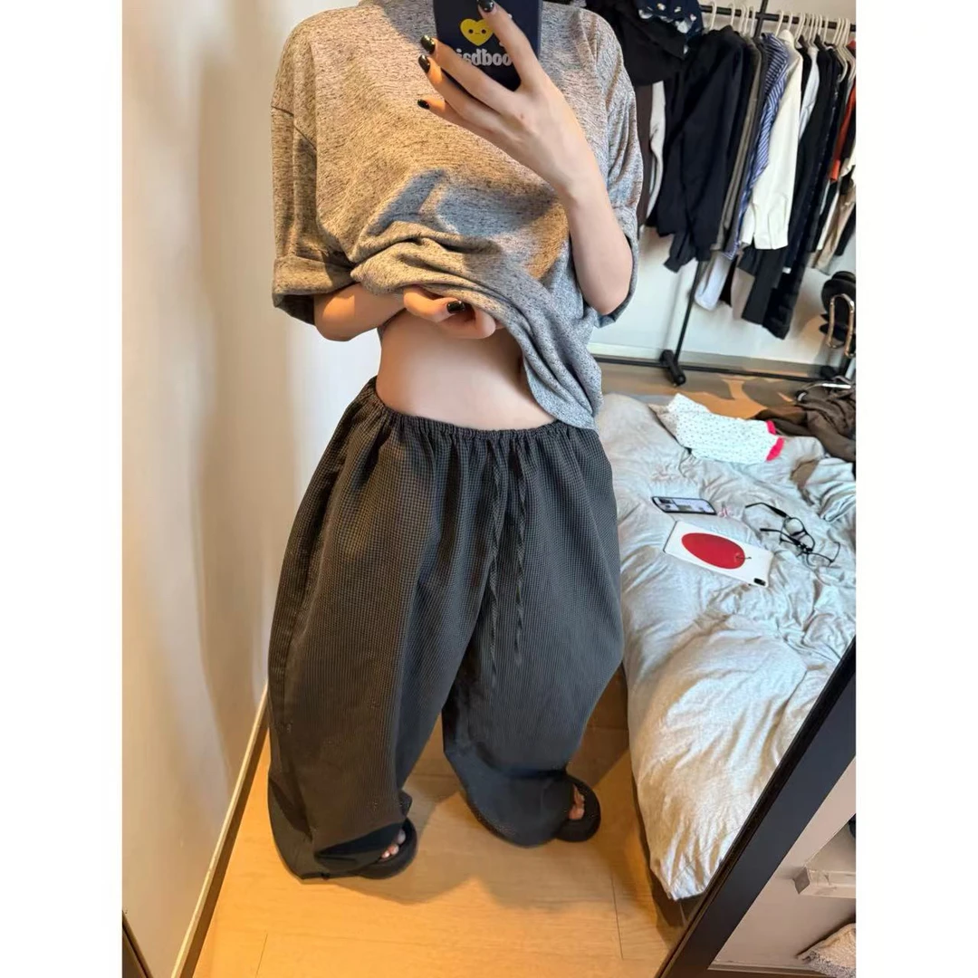 【清仓款】韩风休闲家居慵懒小格子拖地裤阔腿裤抽绳093