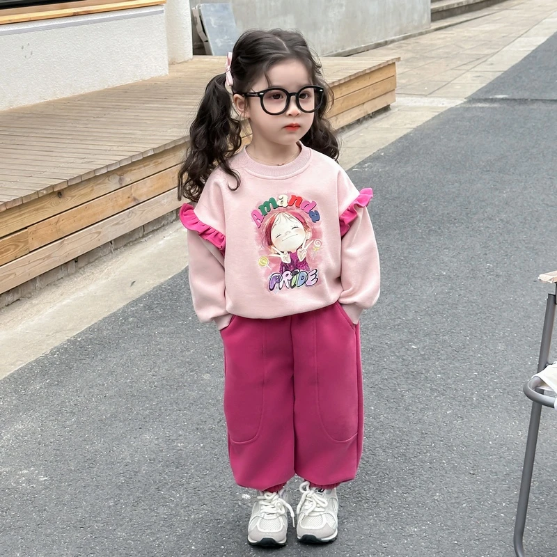 女童套装春秋2025新款儿童洋气卡通春装女宝宝时髦休闲卫衣两件套