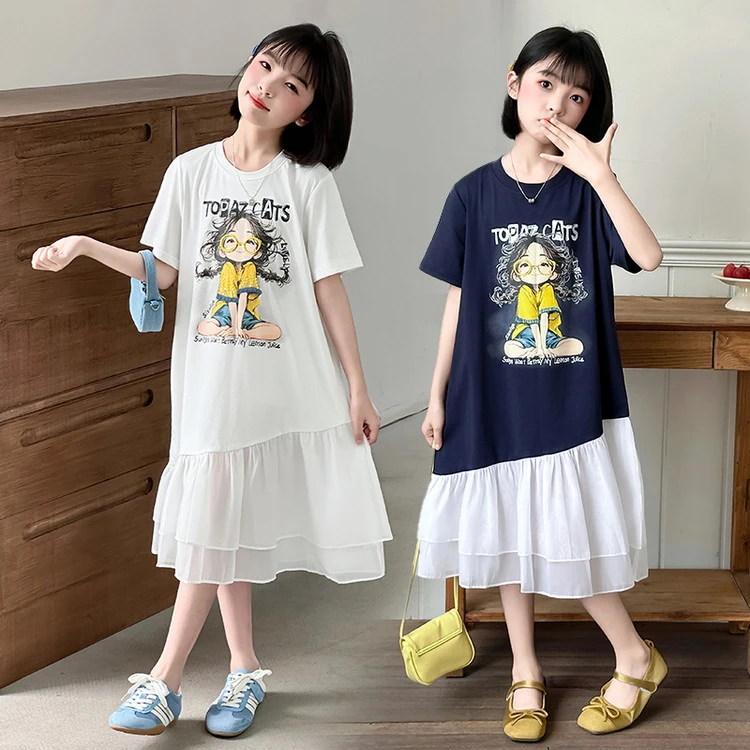女童连衣裙夏装2025新款儿童洋气夏季大童女孩假两件短袖t恤裙子9