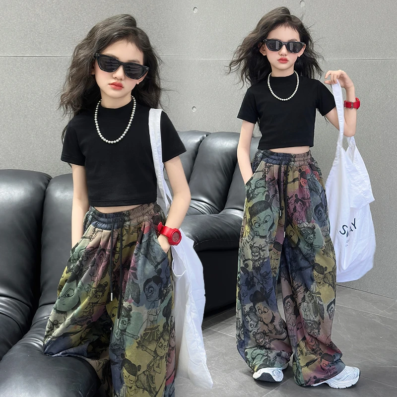 【雷哥.潮妞】女童短袖哪吒卫裤时髦涂鸦长裤网红炸街风夏装两件套