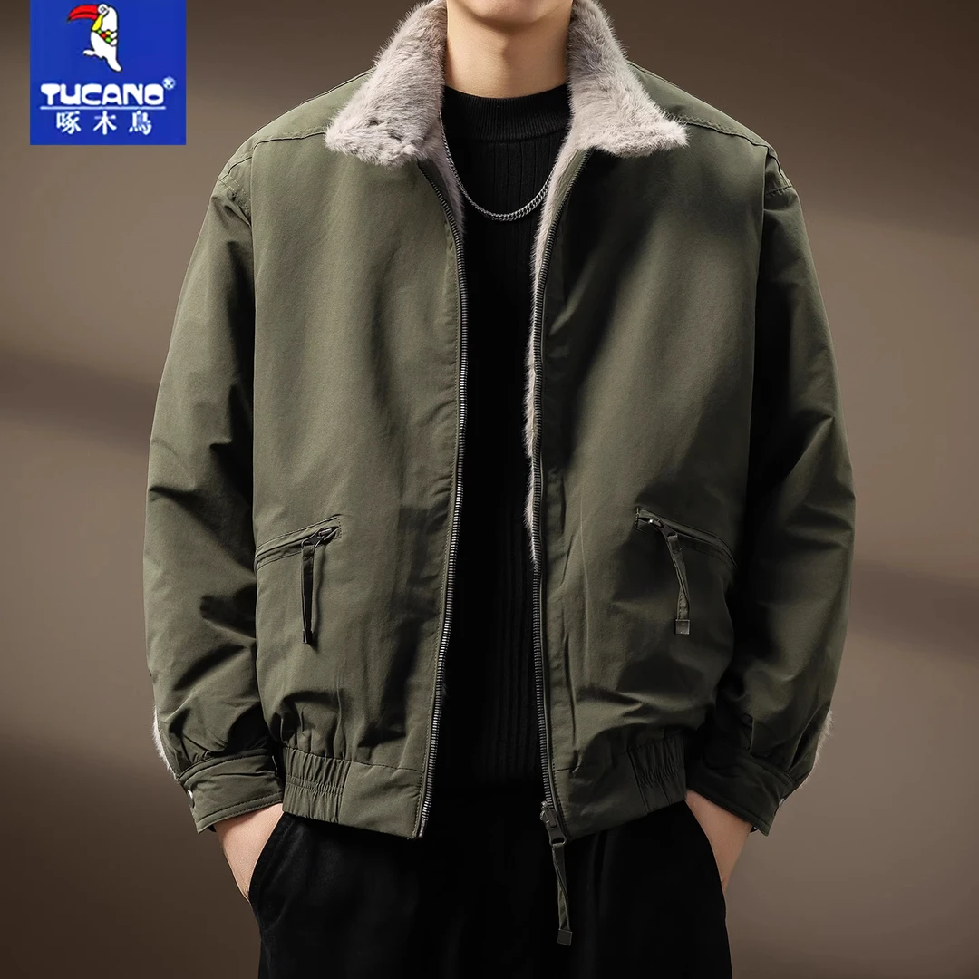 啄木鸟【座山雕毛绒两面穿】新款夹克工装保暖棉衣冬季宽松棉服外套