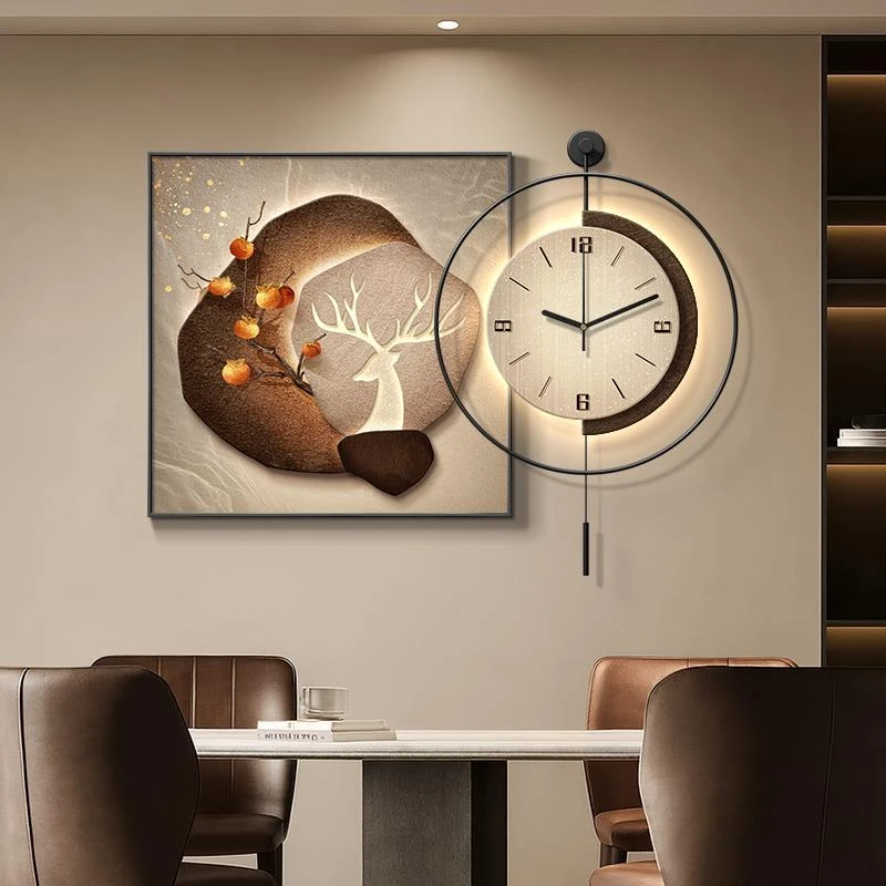 柿柿如意餐厅装饰画轻奢高级感客厅钟表挂画寓意好餐桌背景墙壁画