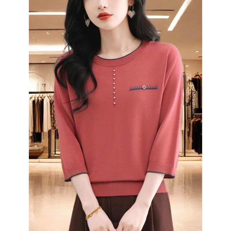 中袖针织t恤女小衫2025新款春秋中年妈妈七分袖薄款冰丝打底上衣