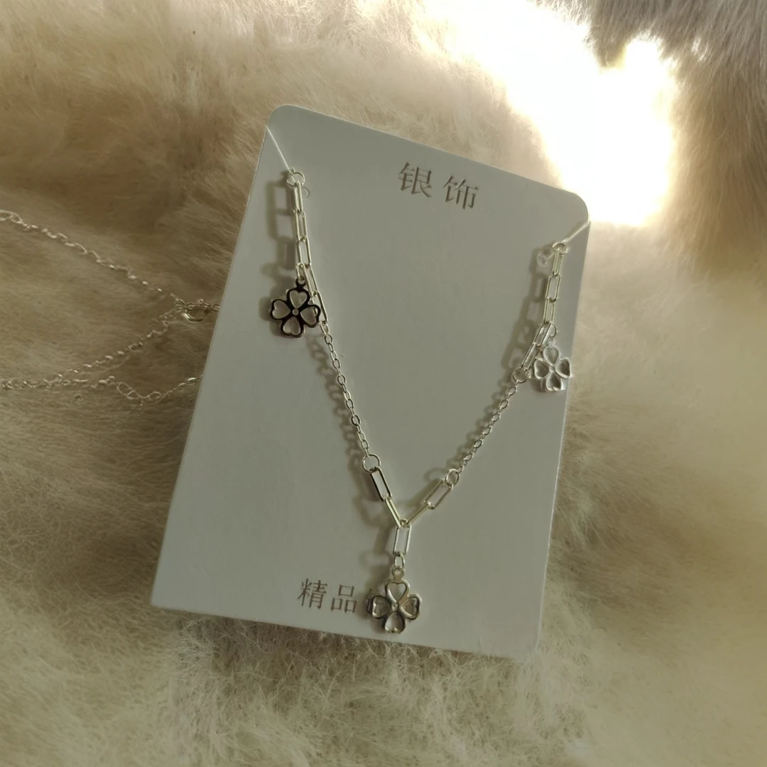 坠链均足银 990纯银项链女设计款四叶草吊坠锁骨链套链送女朋友