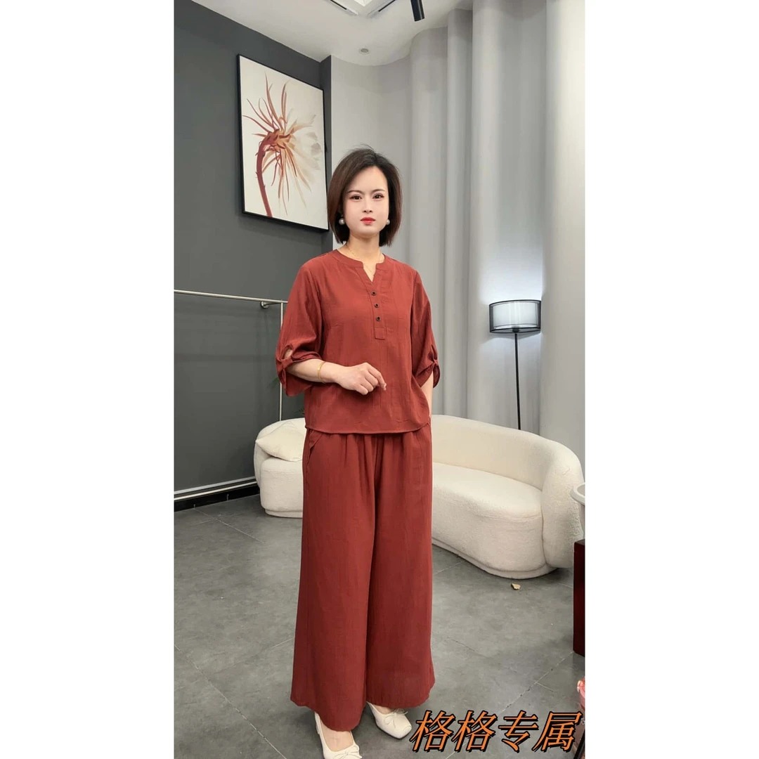 新款简约时尚宽松遮肉显瘦套头蝴蝶袖上衣松紧腰直桶休闲裤女2529