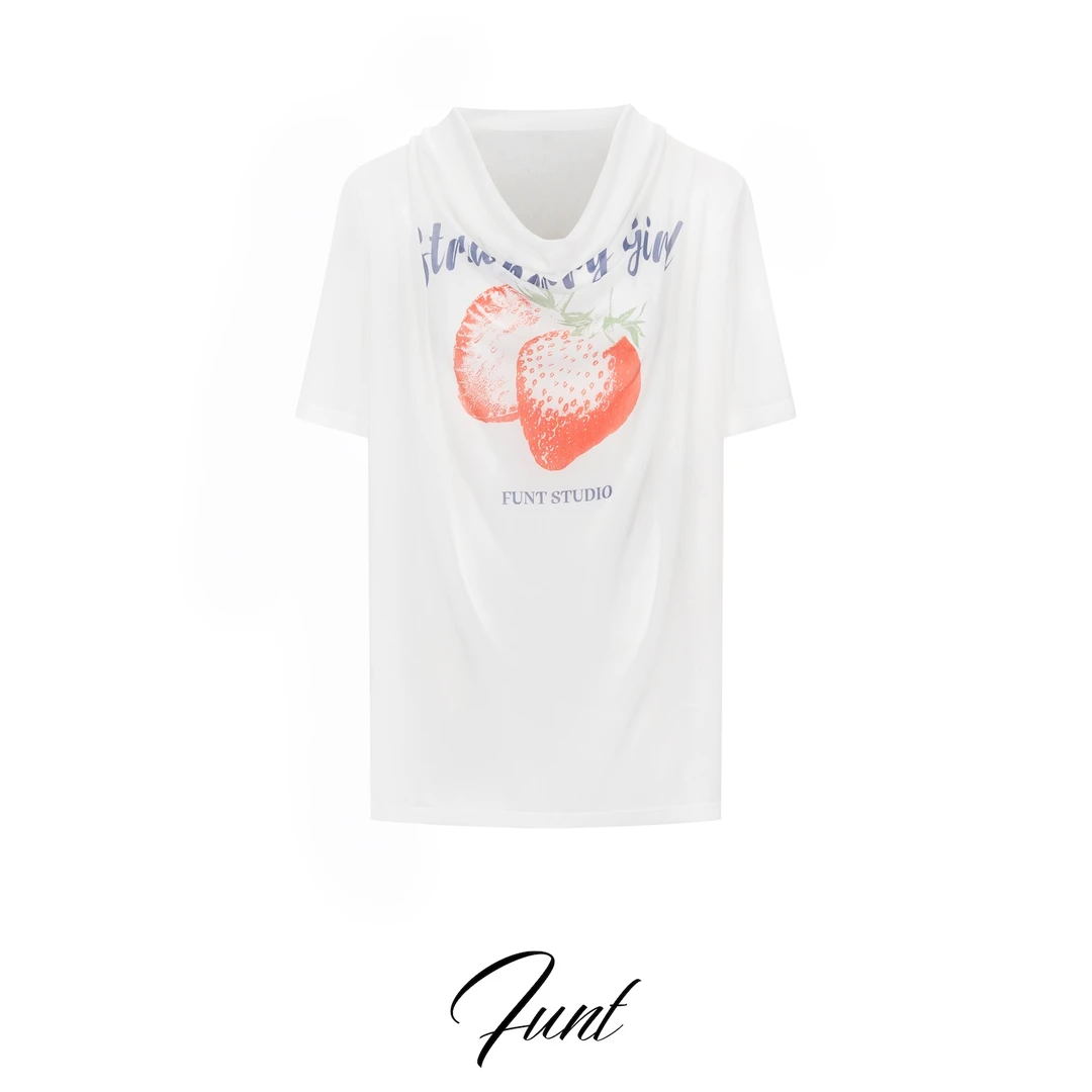 FUNT25新品草莓雾纱一字肩网纱T恤夏日百搭清新049