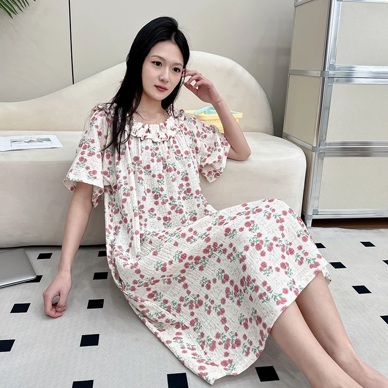 大码纯棉睡裙女款爆款2025新款卡通家居裙短袖可外穿双层纱休闲裙