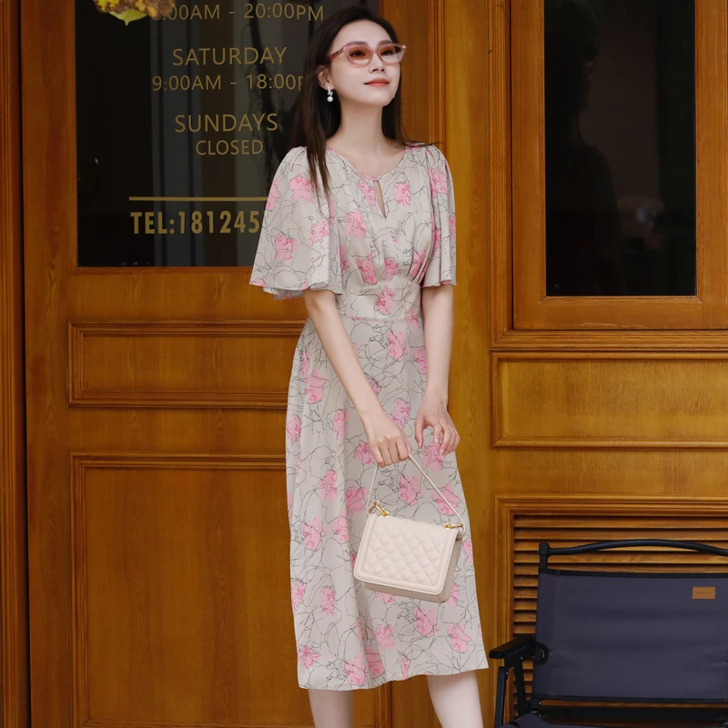 【粉丝专享】BuouBuou法式复古印花高腰缎面连衣裙女BKDG228