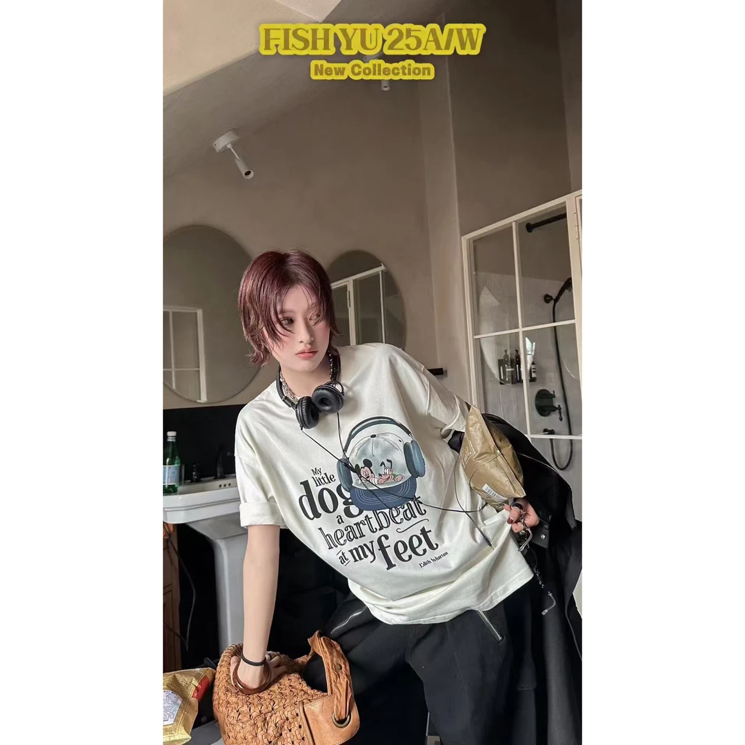 福（1yu625571#）FISH YU  耳机米奇！美式复古卡通休闲T恤 10-10