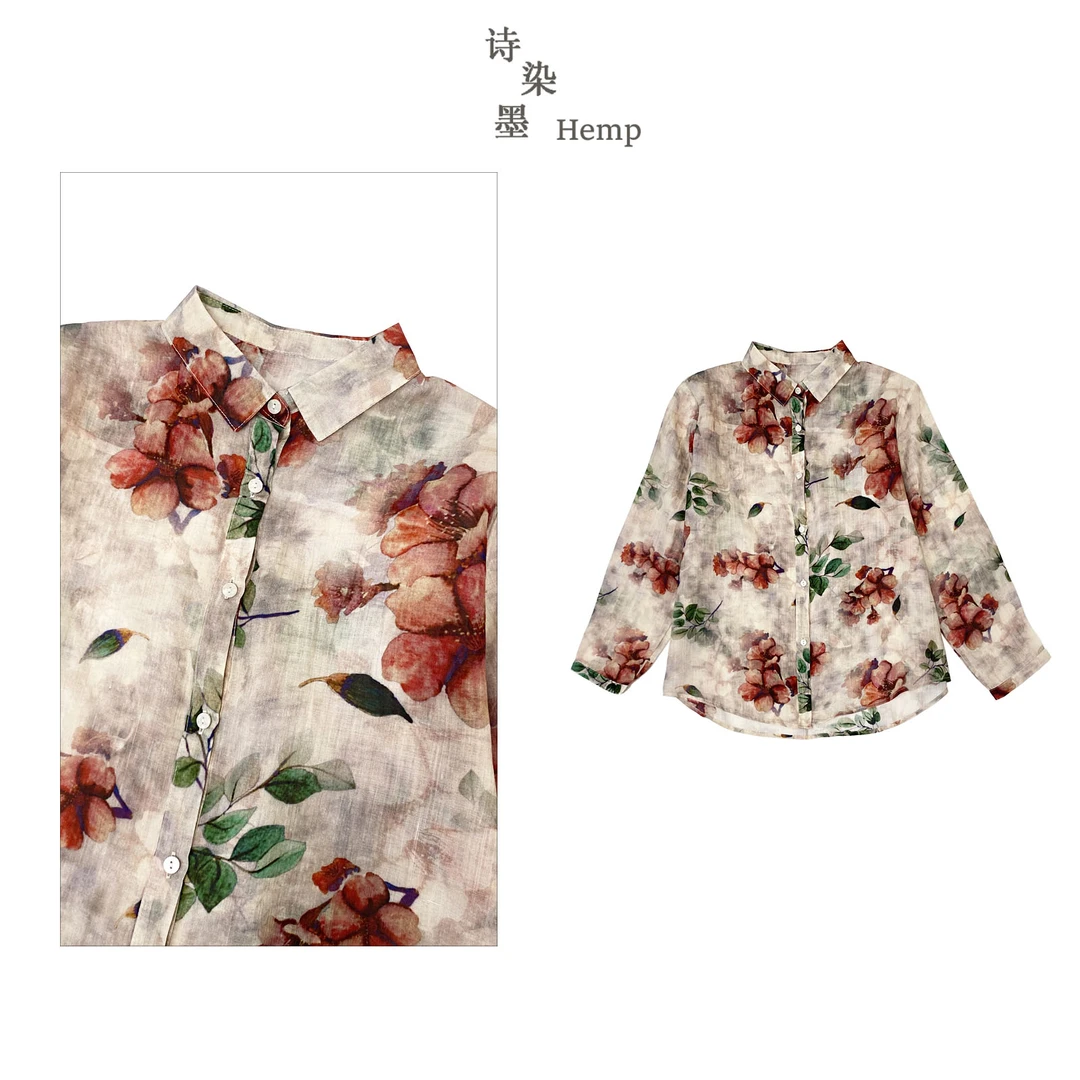 【红山茶花语印花苎麻衬衫】4957