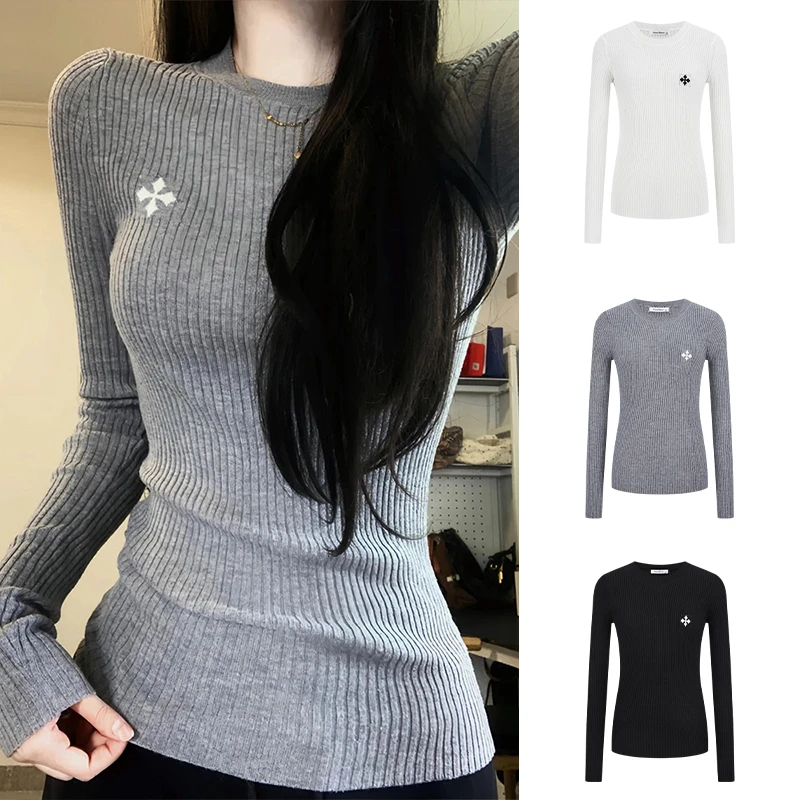 Moses Queen/魔西女王美式复古竖坑条纹针织打底衫显瘦气质毛衣