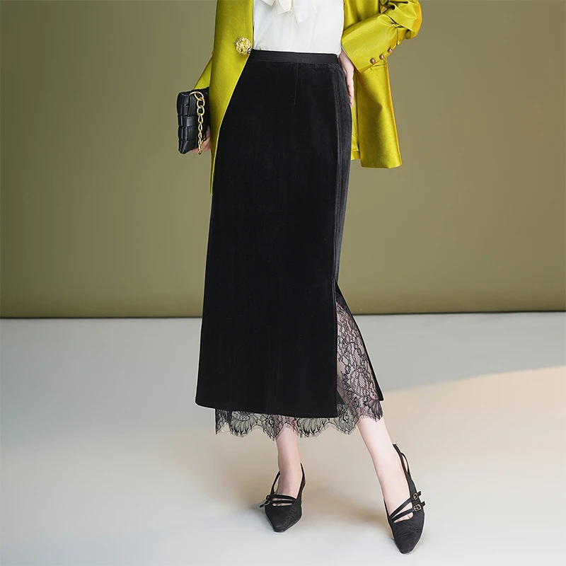 蕾丝拼接黑色丝绒半身裙女秋冬时髦百搭气质高腰直筒开叉包臀长裙