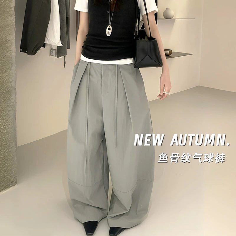 2025秋季新款韩版老钱风宽松抽绳休闲裤女慵懒百搭鱼骨纹气球裤