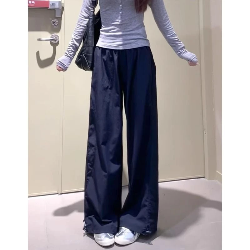 藏蓝色美式运动工装长裤女夏季新款百搭宽松慵懒休闲直筒阔腿裤子