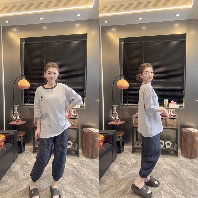 春夏季新款米奇家居服套装格子睡裤舒适短袖睡衣女宽松韩版大码