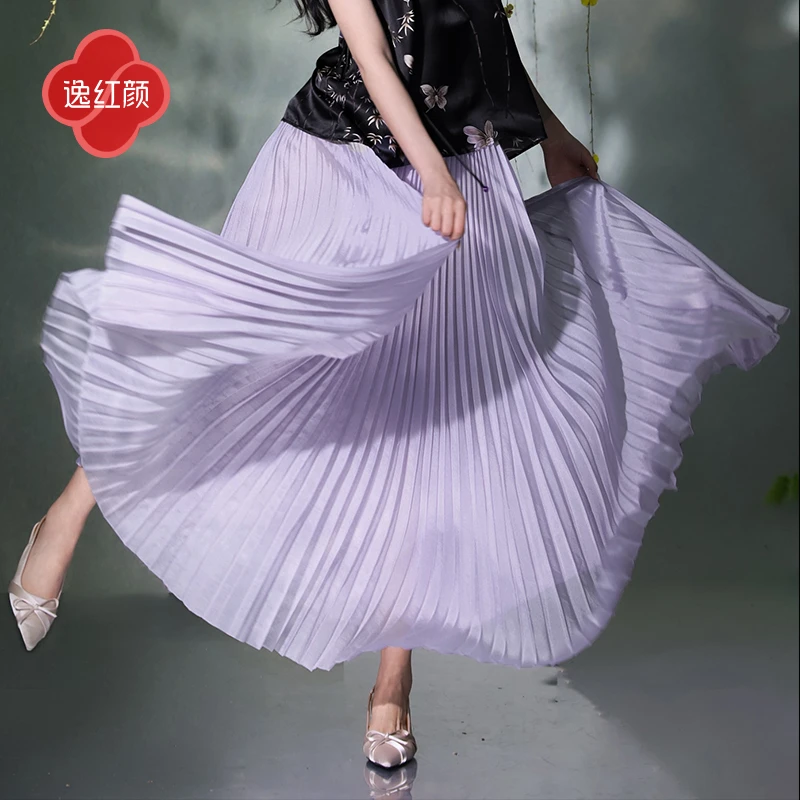 逸红颜 翩羽 2025夏新款轻薄飘逸仿真丝弹力腰3米大摆百褶半裙女