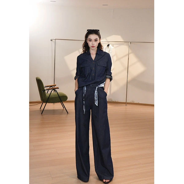 【AEL原创】时尚夏季套装气质牛仔极简风高级感上衣+裤子