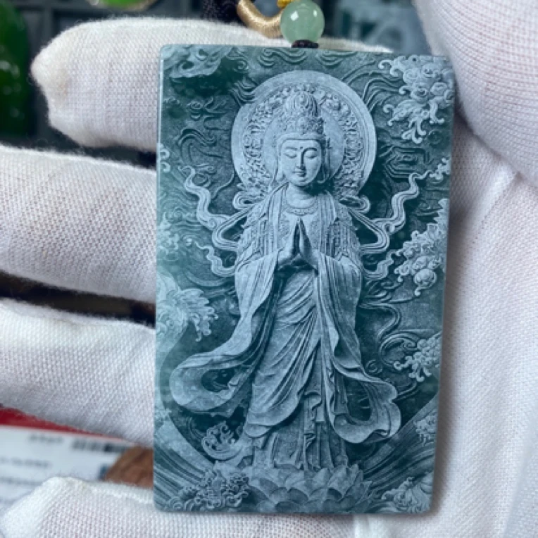 天然翡翠观世音菩萨项链双面精工影雕背面刻字玉石平安符吊坠挂件
