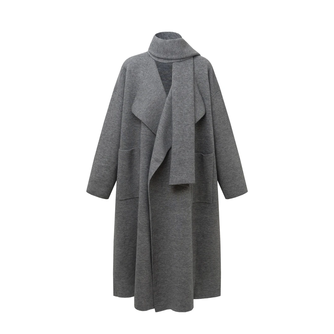SMALLIU MODE 【配围巾】慵懒风灰色外套羊毛宽松长款大衣开衫
