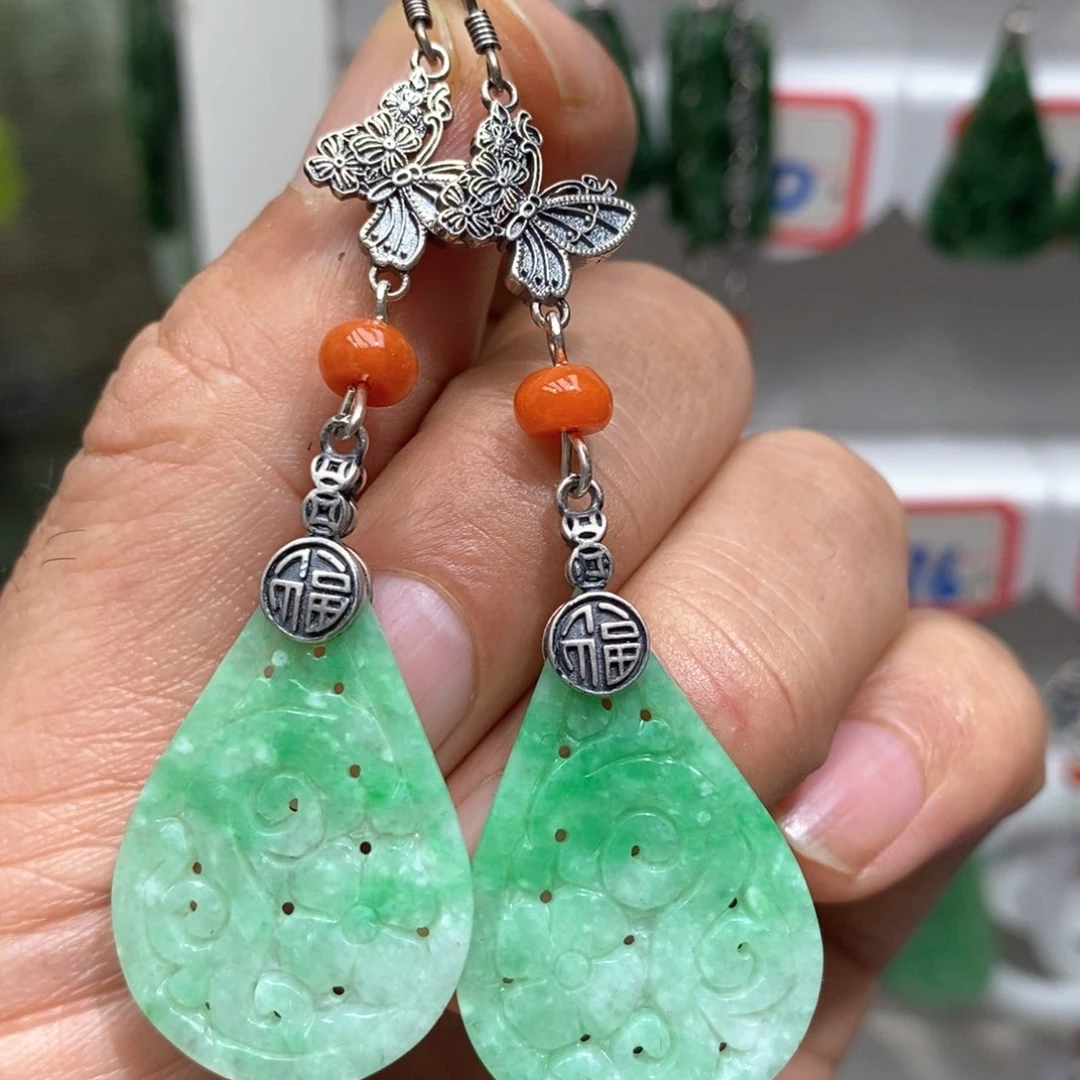 翡翠耳饰银S925镶嵌漂亮美眉