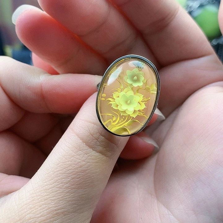 琥珀裸石银S925镶嵌戒指