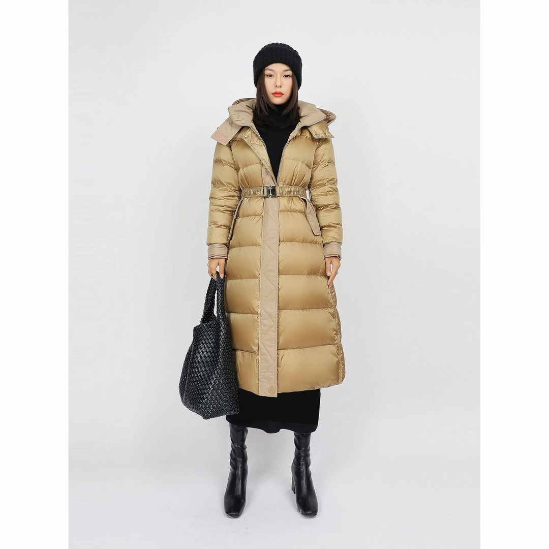 高档欧洲站羽绒服女中长款过膝加厚束腰修身显瘦气质可拆卸帽90绒