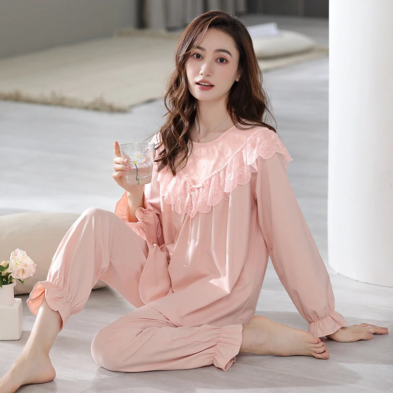 2025春秋季新款长袖莱卡棉睡衣女士高级感甜美简约高档家居服套装