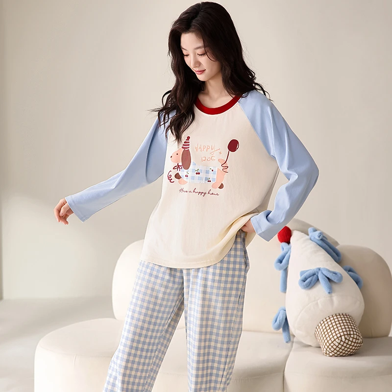 秋冬新款蓝色显白圆领套头长袖睡衣女士卡通动漫休闲家居服套装