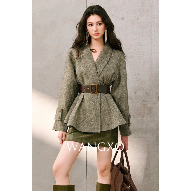 WANGXO 混色羊毛彩点复古老钱伞摆外套 253915W