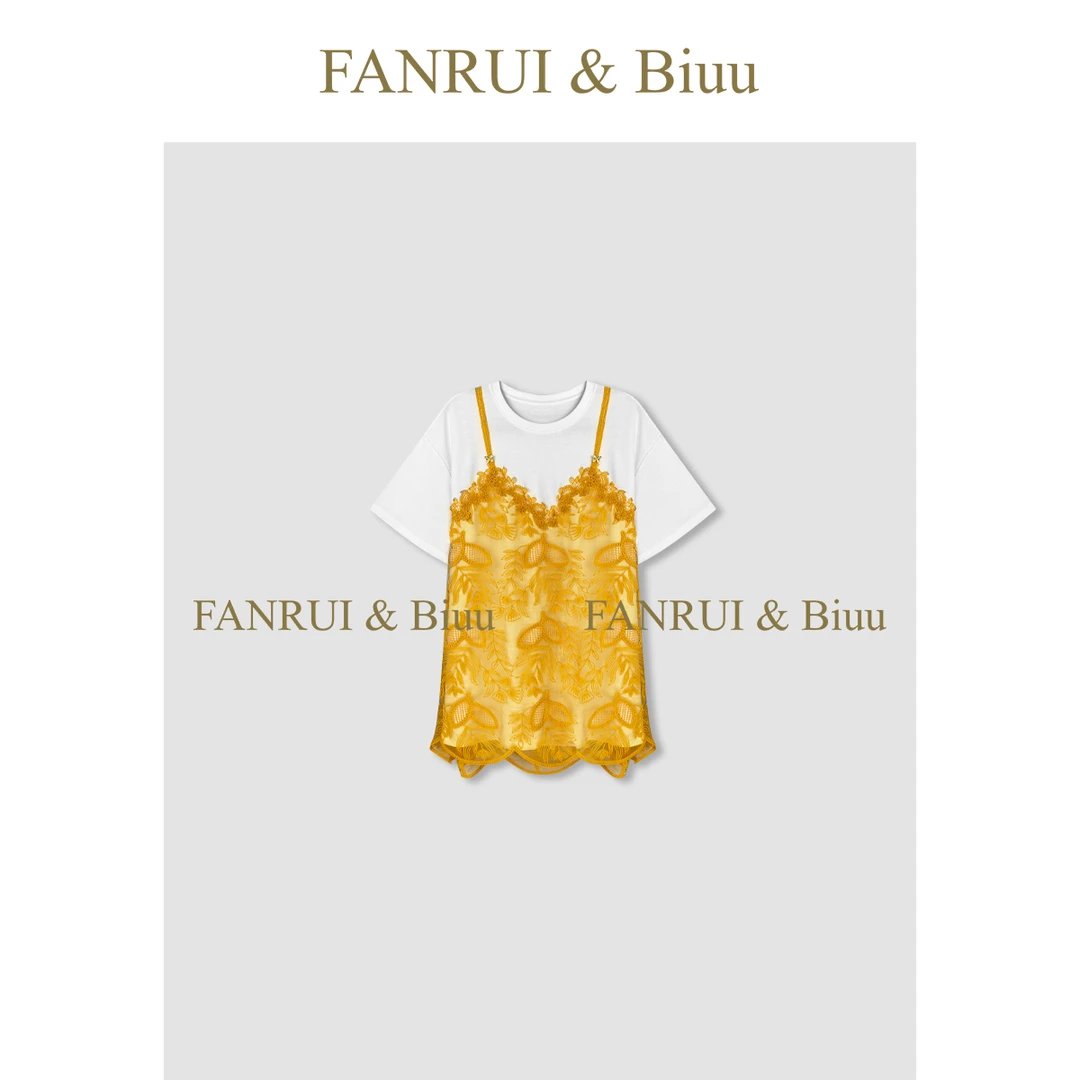 FANRUI/泛芮「夏日奶油」多巴胺甜美蕾丝假两件宽松慵懒风T恤B16484