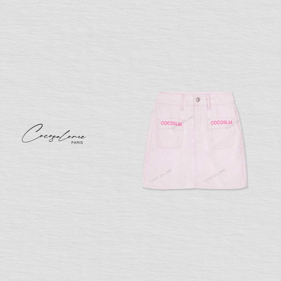 韩彬彬"芝士莓莓"100%棉字母刺绣口袋拼接设计牛仔短裙1826-10