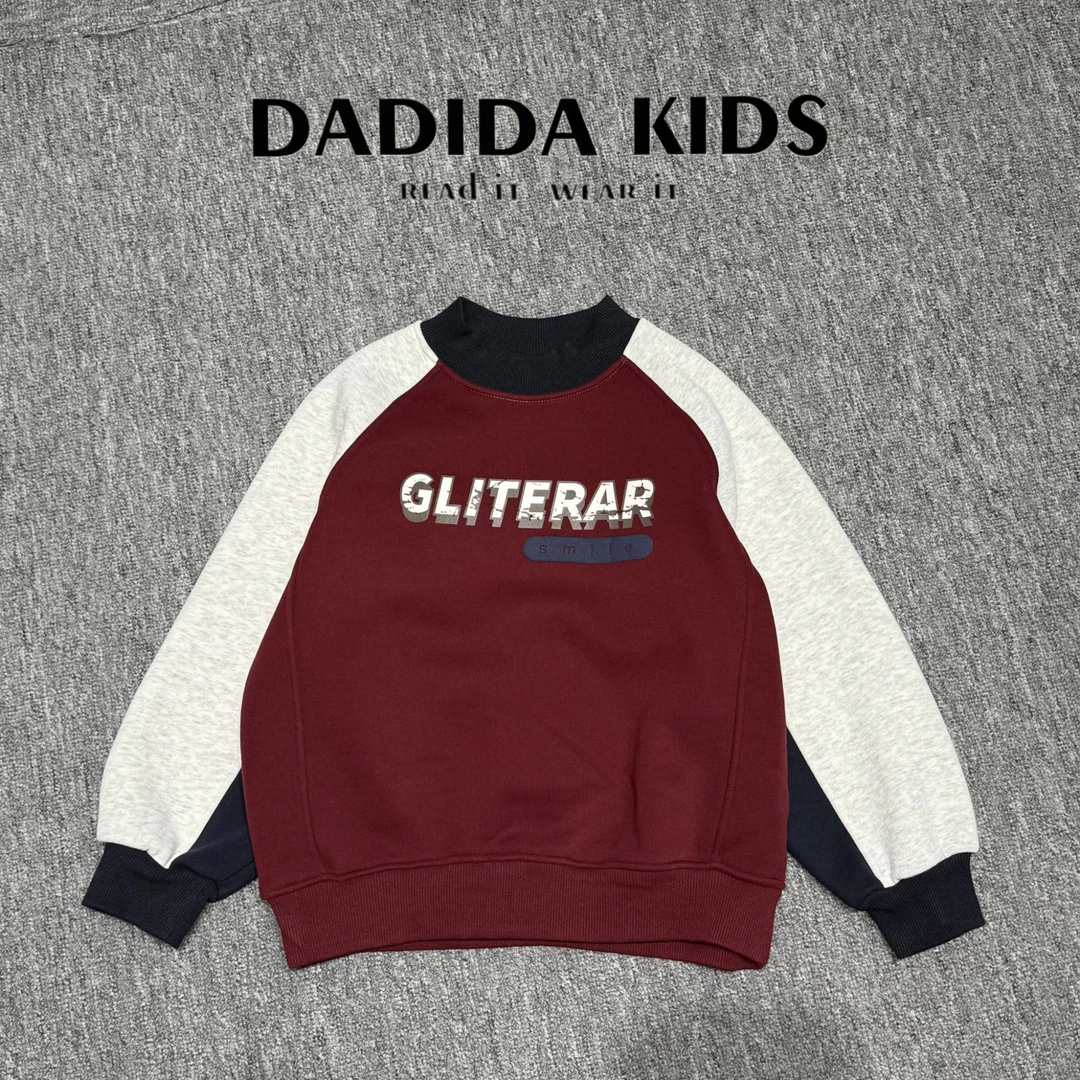 dadida/嗒嘀嗒男童红色插肩袖拼接加绒休闲卫衣505180465