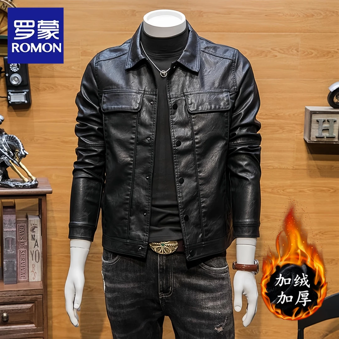Romon/罗蒙秋冬季皮衣男士休闲新款韩版潮流修身青年翻领外套夹克