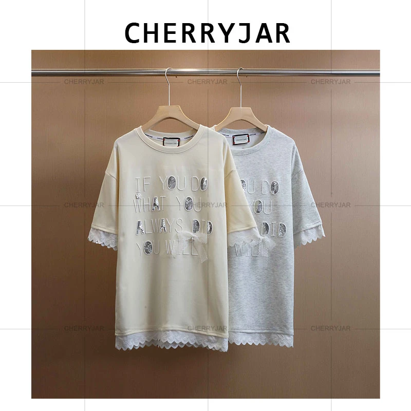 Cherryjar【251227】时尚夏季刺绣亮片蕾丝蝴蝶结金属点缀T恤短裤